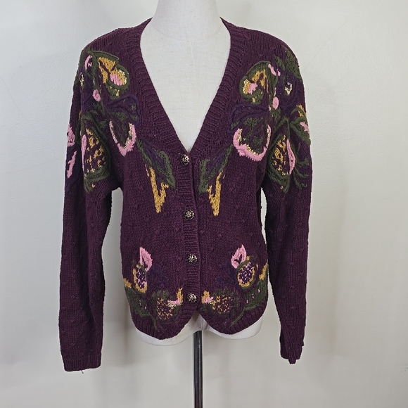 Studio Michelle Stuart Vintage Purple Floral Cardigan L - Picture 1 of 5